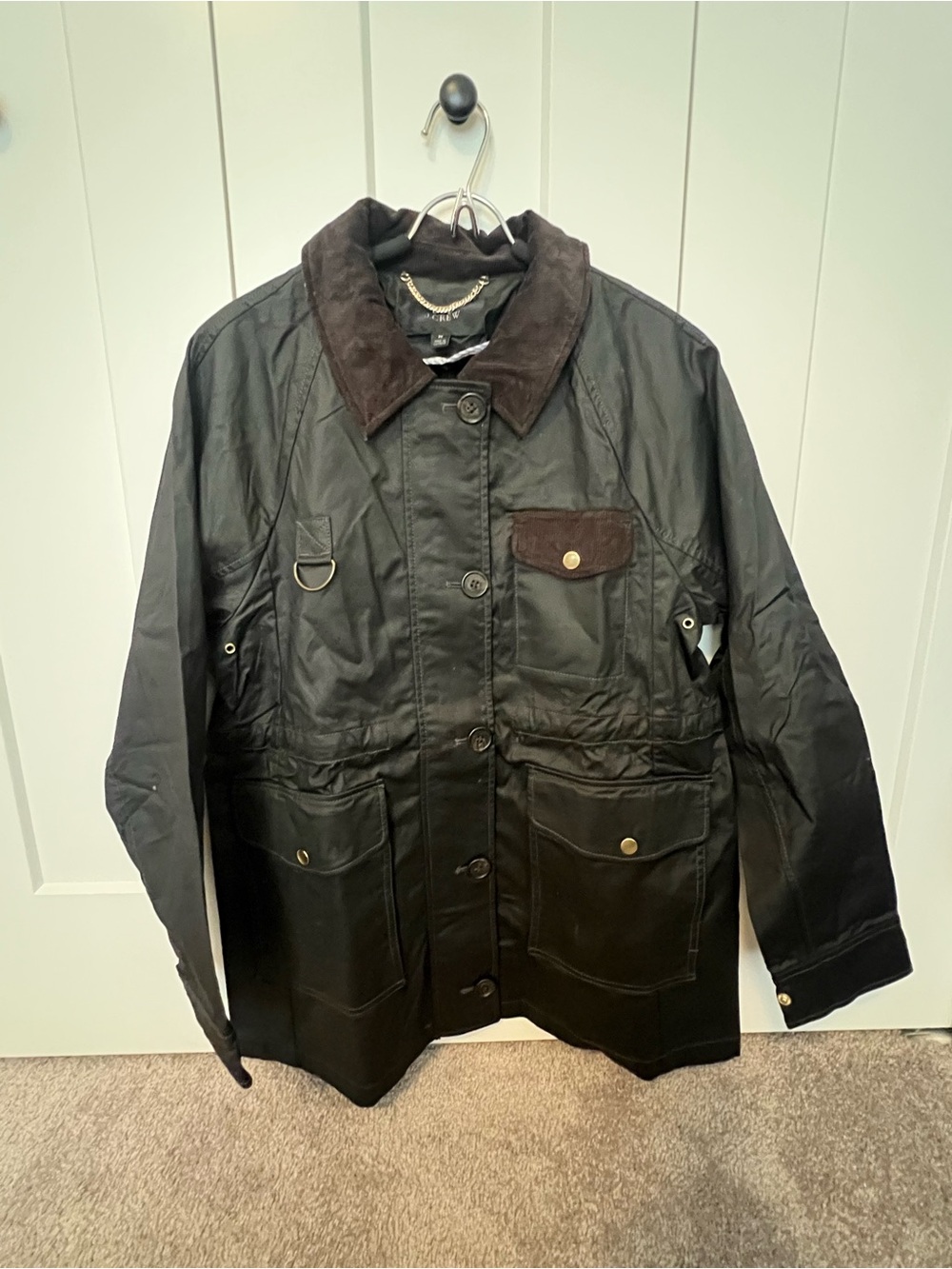 J. Crew Black Waxed Cotton Field Jacket with Corduroy Collar